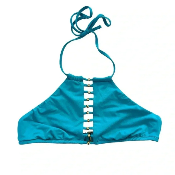 Trina Turk Gypsy Turquoise High Neck Bikini top, Small Blue Swim bathing suit - Picture 1 of 9